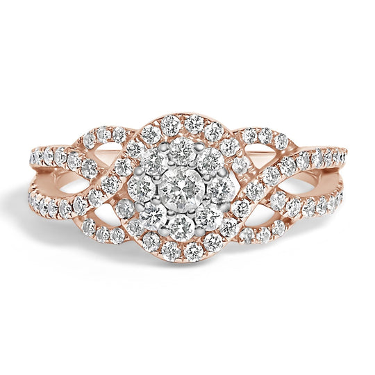 10K rose gold ring with cluster of round diamond stones in floral head