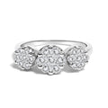14K white gold ring with three round diamond floral clusters