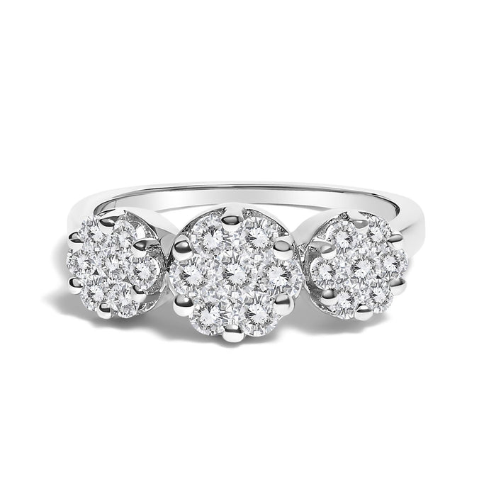 14K White Gold 1-1/4 Cttw Brilliant Cut Diamond Three Round Floral Clusters Engagement or Fashion Ring (H-I Color, SI2-I1 Clarity)