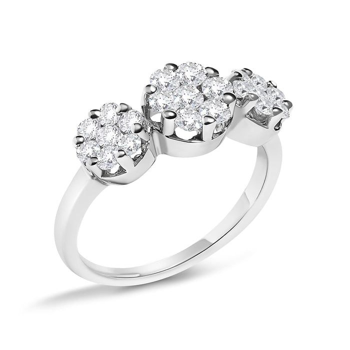 14K White Gold 1-1/4 Cttw Brilliant Cut Diamond Three Round Floral Clusters Engagement or Fashion Ring (H-I Color, SI2-I1 Clarity)