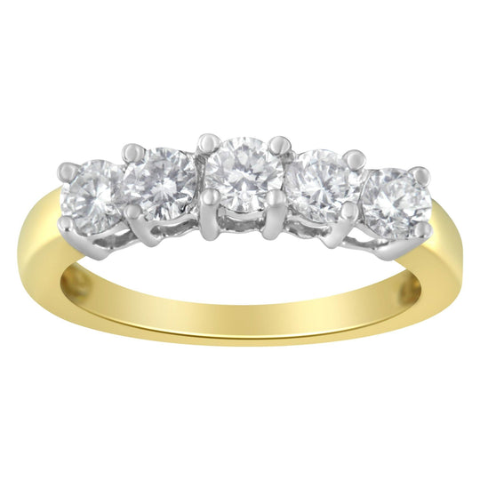 14K two-tone gold ring with 5 round diamond stones in a graduated row