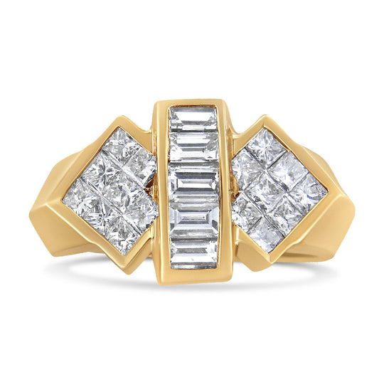 14K Yellow Gold 2.0 Cttw Invisible-Set Princess and Channel Set Baguette Diamond Bar and Wing Style Cocktail Band Ring (G-H Color, VS2-SI1 Clarity)
