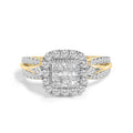 10K yellow gold ring with cushion-shape diamond halo, 1.0 ct total