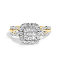 10K Yellow Gold 1.0 Cttw Diamond Composite Cushion-Shape Halo 3-Band-Look Engagement Ring (H-I Color, SI1-SI2 Clarity)