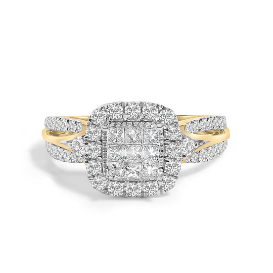 10K Yellow Gold 1.0 Cttw Diamond Composite Cushion-Shape Halo 3-Band-Look Engagement Ring (H-I Color, SI1-SI2 Clarity)-0