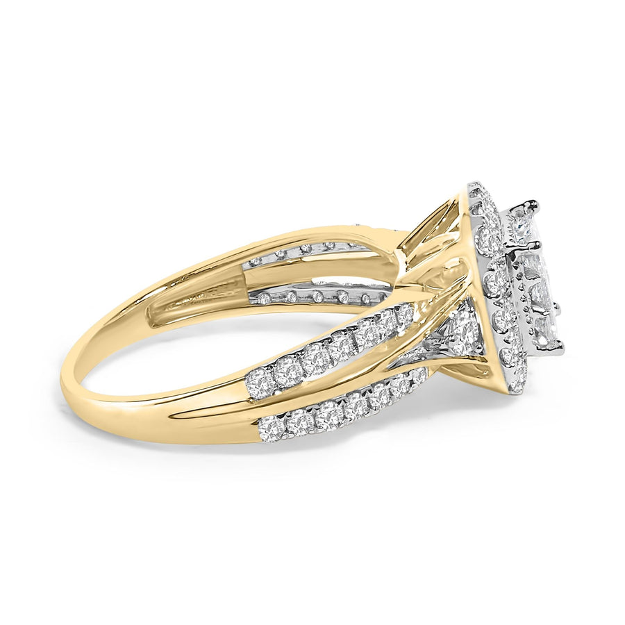10K Yellow Gold 1.0 Cttw Diamond Composite Cushion-Shape Halo 3-Band-Look Engagement Ring (H-I Color, SI1-SI2 Clarity)
