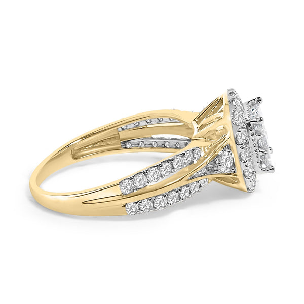 10K Yellow Gold 1.0 Cttw Diamond Composite Cushion-Shape Halo 3-Band-Look Engagement Ring (H-I Color, SI1-SI2 Clarity)