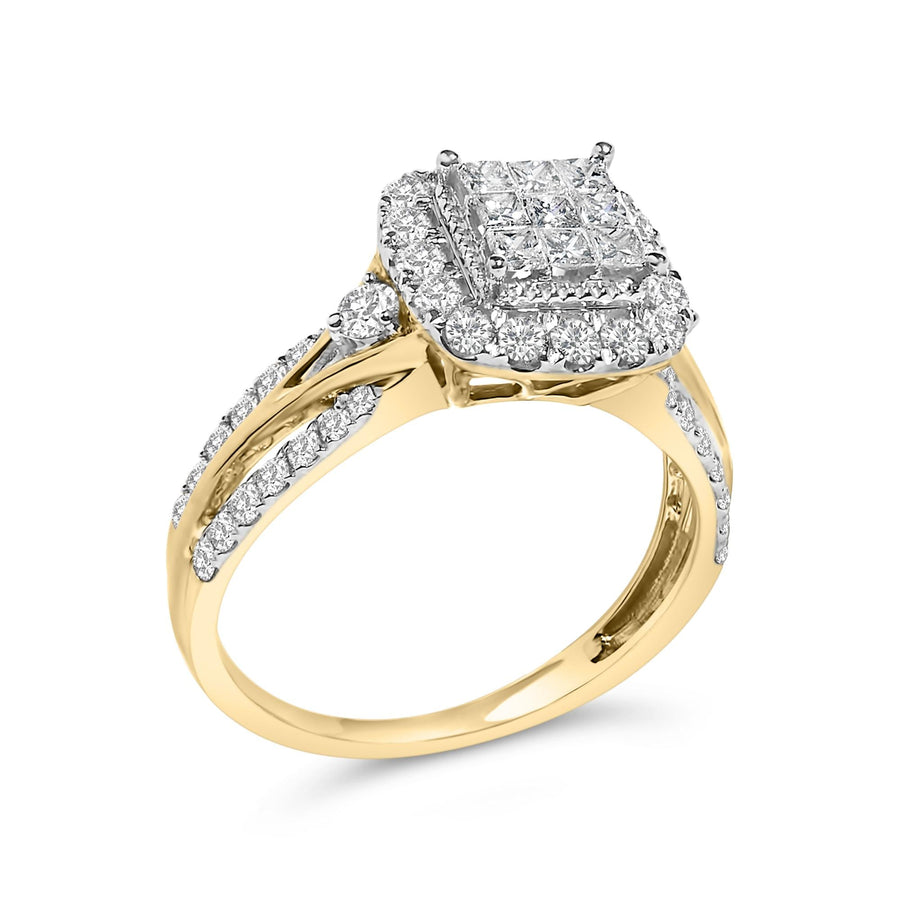 10K Yellow Gold 1.0 Cttw Diamond Composite Cushion-Shape Halo 3-Band-Look Engagement Ring (H-I Color, SI1-SI2 Clarity)