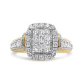 14K white gold ring with round diamond stones in an emerald-shaped halo cluster