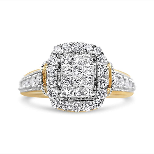 14K Yellow and White Gold 1.00 Cttw Princess and Round Cut Emerald Shaped Halo Diamond Cluster Ring (SI1-SI2 Clarity, H-I Color)-0