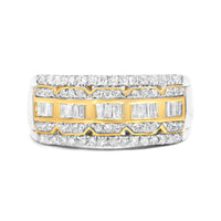 10K White and Yellow Gold 1.00 Cttw Baguette and Round cut Diamond Art Deco Multi-Row Ring Band (I-J Color, I1-I2 Clarity)