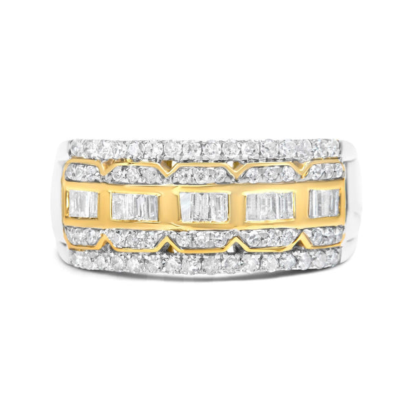 10K White and Yellow Gold 1.00 Cttw Baguette and Round cut Diamond Art Deco Multi-Row Ring Band (I-J Color, I1-I2 Clarity)