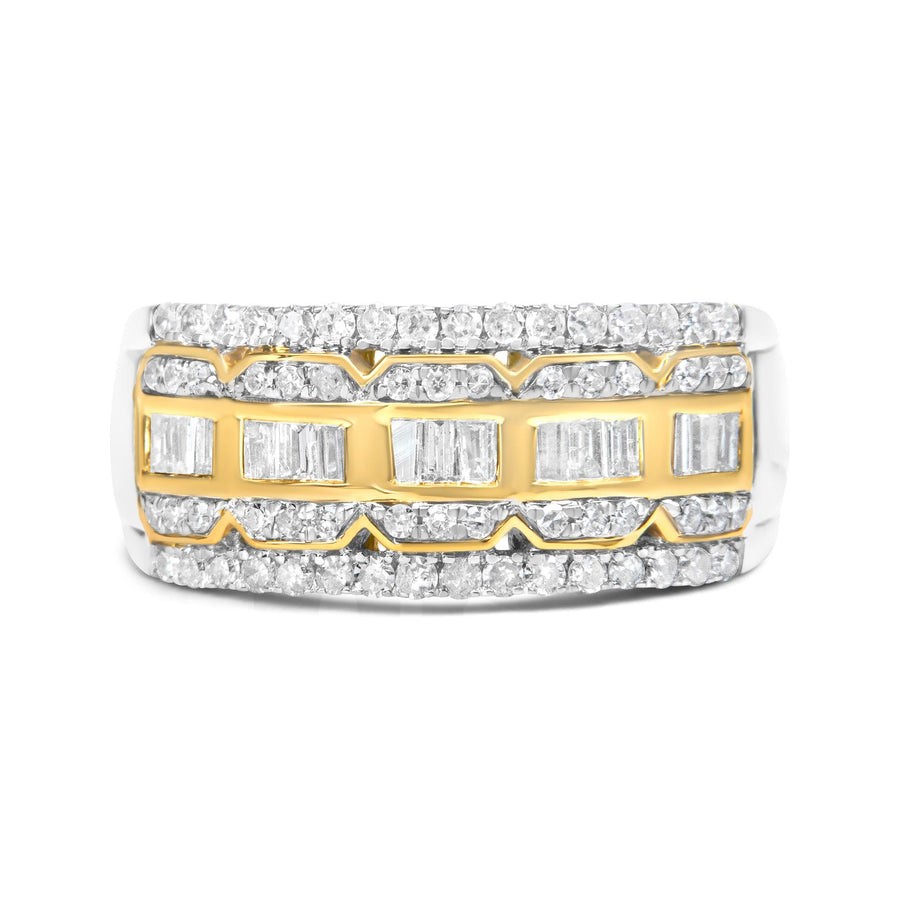 10K White and Yellow Gold 1.00 Cttw Baguette and Round cut Diamond Art Deco Multi-Row Ring Band (I-J Color, I1-I2 Clarity)