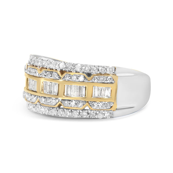 10K White and Yellow Gold 1.00 Cttw Baguette and Round cut Diamond Art Deco Multi-Row Ring Band (I-J Color, I1-I2 Clarity)