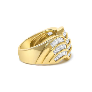 14K Yellow Gold 1-1/3 Cttw Baguette Diamond Wave Design Band Ring-1
