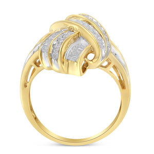 10K Yellow Gold Plated .925 Sterling Silver 1.0 Cttw Round & Baguette Diamond Knot Channel Statement Ring (I-J Color, I2-I3 Clarity)-1