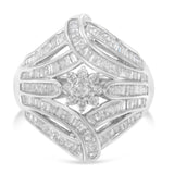 .925 Sterling Silver 1-1/8 Cttw Round & Baguette Diamond 'Flower & Fern' Cluster Cocktail Fashion Ring (I-J Color, I2-I3 Clarity)-3 thumbnail 4