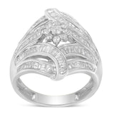 .925 Sterling Silver 1-1/8 Cttw Round & Baguette Diamond 'Flower & Fern' Cluster Cocktail Fashion Ring (I-J Color, I2-I3 Clarity)-4 thumbnail 5
