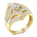 10K yellow gold ring with round and baguette diamond flower and fern cluster