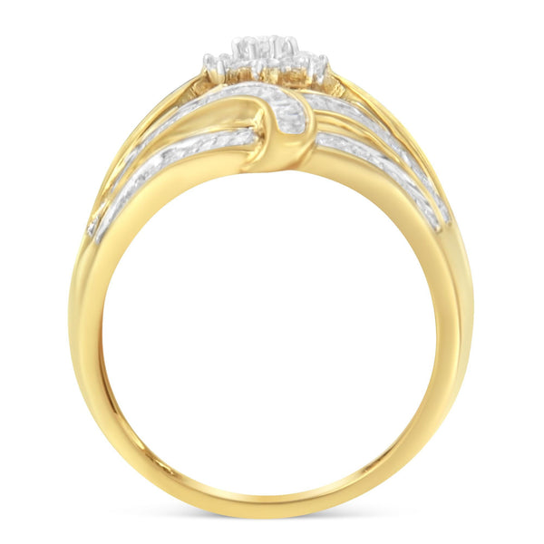 10K Yellow Gold Flashed .925 Sterling Silver 1-1/8 Cttw Round & Baguette Diamond 'Flower & Fern' Cluster Cocktail Fashion Ring (I-J Color, I2-I3 Clarity)