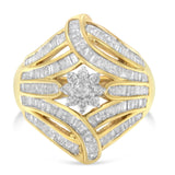 10K Yellow Gold Flashed .925 Sterling Silver 1-1/8 Cttw Round & Baguette Diamond 'Flower & Fern' Cluster Cocktail Fashion Ring (I-J Color, I2-I3 Clarity)-3 thumbnail 4