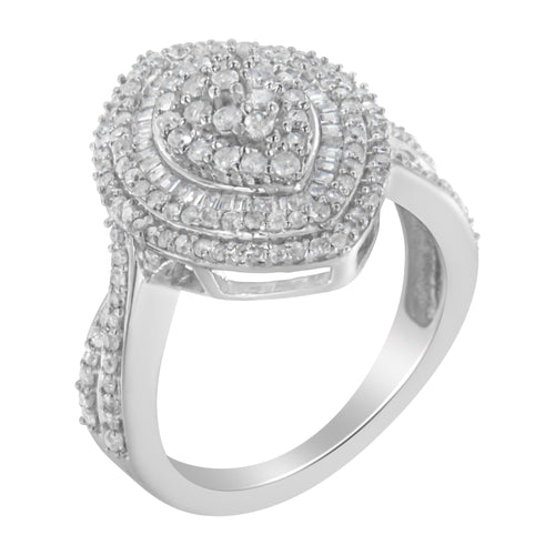 .925 Sterling Silver 1.0 Cttw Round & Baguette-Cut Diamond Marquise-Shaped Cluster Triple Stepped Halo Cocktail Fashion Ring (I-J Color, I2-I3 Clarity)