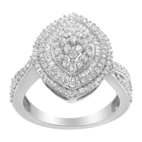 .925 Sterling Silver 1.0 Cttw Round & Baguette-Cut Diamond Marquise-Shaped Cluster Triple Stepped Halo Cocktail Fashion Ring (I-J Color, I2-I3 Clarity)