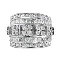 .925 Sterling Silver 2.0 Cttw Round & Baguette Cut Diamond Multi-Row Channel Set Tapered Cocktail Fashion Ring (I-J Color, I3 Clarity)