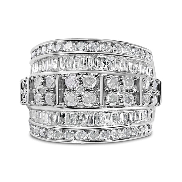 .925 Sterling Silver 2.0 Cttw Round & Baguette Cut Diamond Multi-Row Channel Set Tapered Cocktail Fashion Ring (I-J Color, I3 Clarity)