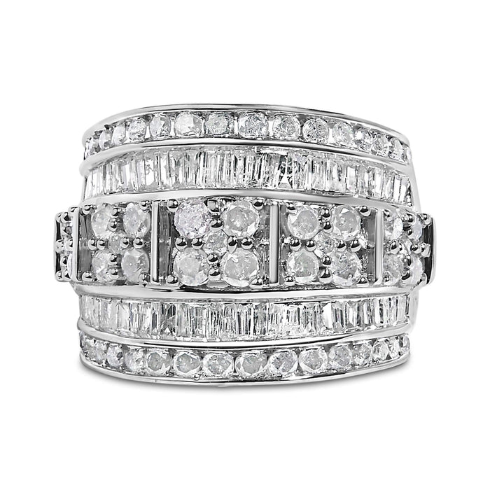 .925 Sterling Silver 2.0 Cttw Round & Baguette Cut Diamond Multi-Row Channel Set Tapered Cocktail Fashion Ring (I-J Color, I3 Clarity)