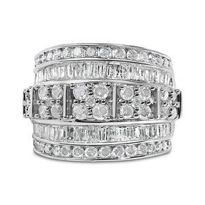 .925 Sterling Silver 2.0 Cttw Round & Baguette Cut Diamond Multi-Row Channel Set Tapered Cocktail Fashion Ring (I-J Color, I3 Clarity)-1