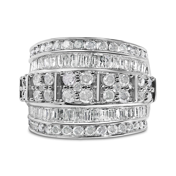 .925 Sterling Silver 2.0 Cttw Round & Baguette Cut Diamond Multi-Row Channel Set Tapered Cocktail Fashion Ring (I-J Color, I3 Clarity)
