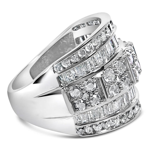 .925 Sterling Silver 2.0 Cttw Round & Baguette Cut Diamond Multi-Row Channel Set Tapered Cocktail Fashion Ring (I-J Color, I3 Clarity)