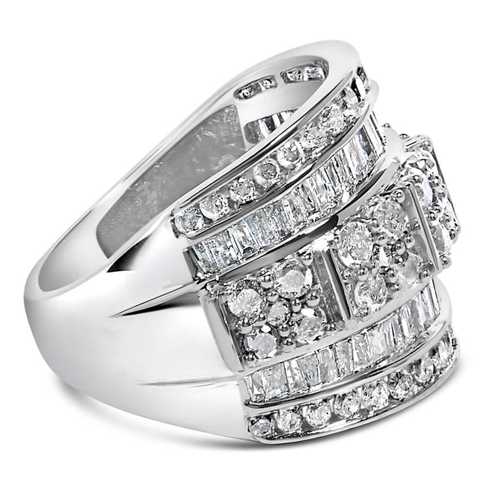 .925 Sterling Silver 2.0 Cttw Round & Baguette Cut Diamond Multi-Row Channel Set Tapered Cocktail Fashion Ring (I-J Color, I3 Clarity)