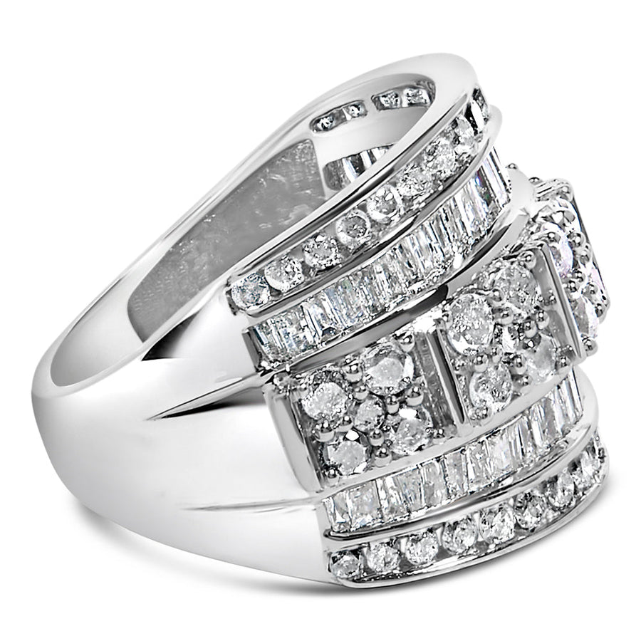 .925 Sterling Silver 2.0 Cttw Round & Baguette Cut Diamond Multi-Row Channel Set Tapered Cocktail Fashion Ring (I-J Color, I3 Clarity)