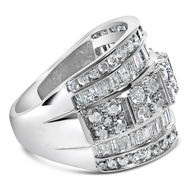 .925 Sterling Silver 2.0 Cttw Round & Baguette Cut Diamond Multi-Row Channel Set Tapered Cocktail Fashion Ring (I-J Color, I3 Clarity)