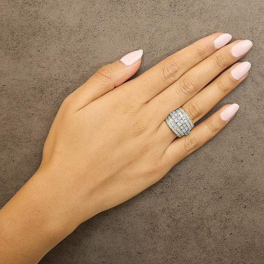 .925 Sterling Silver 2.0 Cttw Round & Baguette Cut Diamond Multi-Row Channel Set Tapered Cocktail Fashion Ring (I-J Color, I3 Clarity)
