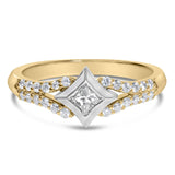 10K two-tone gold ring with kite-shaped cluster of diamond stones on split shank thumbnail 1