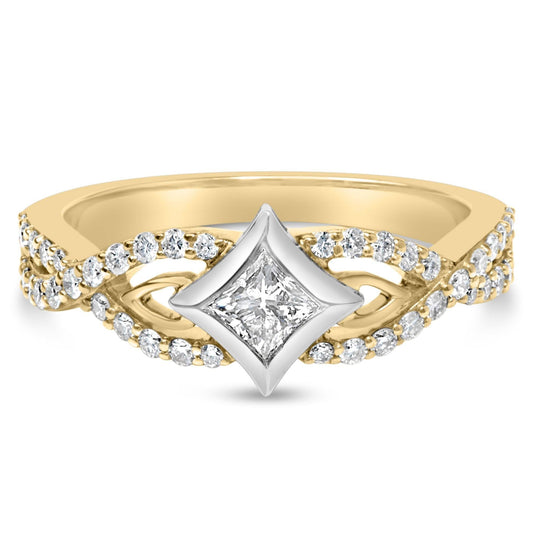 10K two-tone gold ring with round diamond stones on a twist shank