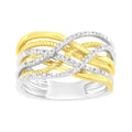 10K yellow gold ring with multiple rows of round diamond stones in crossover band