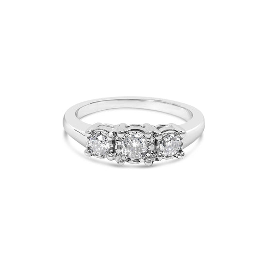 14K white gold ring with 3 round diamond stones in miracle illusion setting