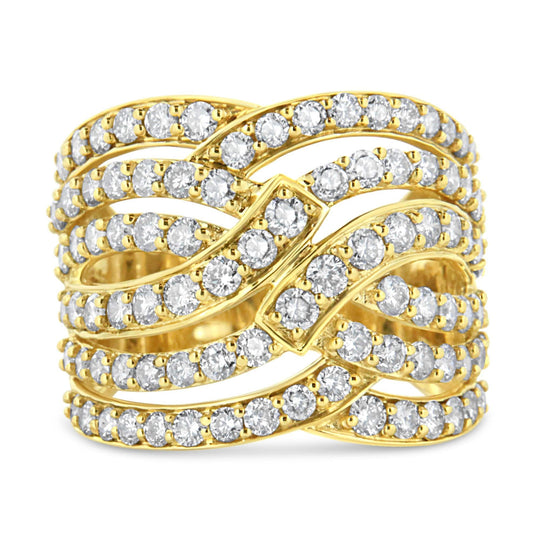 10K yellow gold ring with multi row round diamond stones