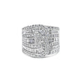 10K white gold ring with round and baguette diamond stones in bypass rows