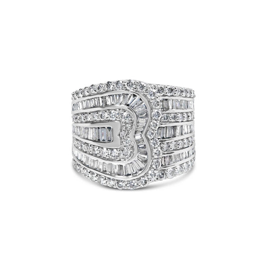 10K white gold ring with round and baguette diamond stones in bypass rows