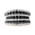 14K yellow gold multi-row band ring with black and white diamond stones