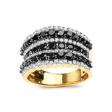 14K Yellow Gold Plated .925 Sterling Silver 1 3/4 Cttw Treated Black and White Alternating Diamond Multi Row Band Ring (Black / I-J Color, I2-I3 Clarity)-1 thumbnail 2