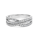 10K white gold split shank ring with princess-cut diamond stones in a woven band thumbnail 1
