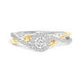 14K yellow gold bypass halo promise ring with round diamond stones