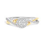 14K yellow gold bypass halo promise ring with round diamond stones thumbnail 1