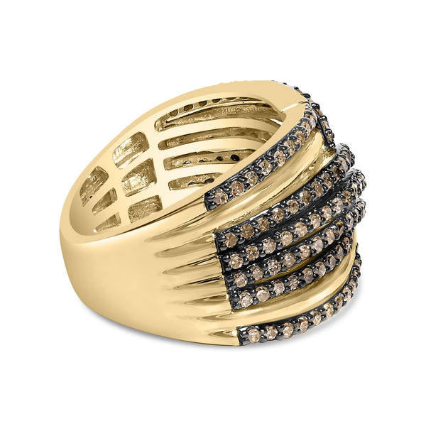 10K Yellow Gold Plated .925 Sterling Silver 1.0 Cttw Champagne Diamond Multi Row Cross Over Band Ring
